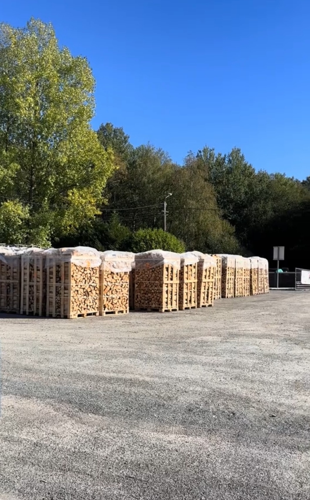 Reihe verpackter Brennholzpaletten